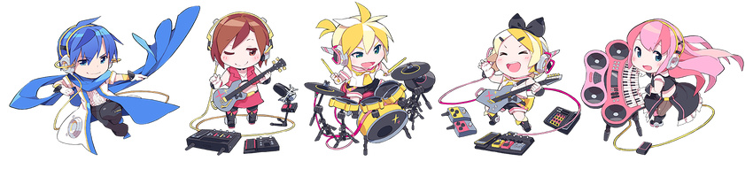 3girls bass_guitar black_footwear blonde_hair blue_eyes blue_hair boots bow brown_eyes brown_hair chibi closed_eyes coat dress drum drumsticks electric_guitar frilled_dress frilled_skirt frills full_body gloves guitar hair_bow headset instrument kagamine_len kagamine_rin kaito keyboard_(instrument) lena_(zoal) long_hair long_image magical_mirai_(vocaloid) matching_outfit megurine_luka meiko multiple_boys multiple_girls music one_eye_closed open_clothes open_coat pants pantyhose pink_hair playing_instrument red_skirt sailor_collar scarf short_sleeves shorts side_slit sitting skirt sleeveless sleeveless_dress smile speaker standing standing_on_one_leg transparent_background vocaloid white_gloves wide_image wire