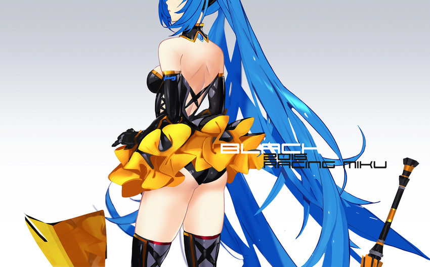 2015 :o alternate_color bare_shoulders black_gloves black_legwear black_leotard black_skirt breasts character_name detached_collar elbow_gloves from_behind gloves goodsmile_company goodsmile_racing gradient gradient_background hatsune_miku head_out_of_frame kiwamu lance leotard long_hair medium_breasts parted_lips polearm profile race_queen racing_miku racing_miku_(2015) reflection shield shiny shiny_clothes shoulder_blades skirt solo standing strapless strapless_leotard thighhighs thighs twintails upskirt very_long_hair vocaloid weapon