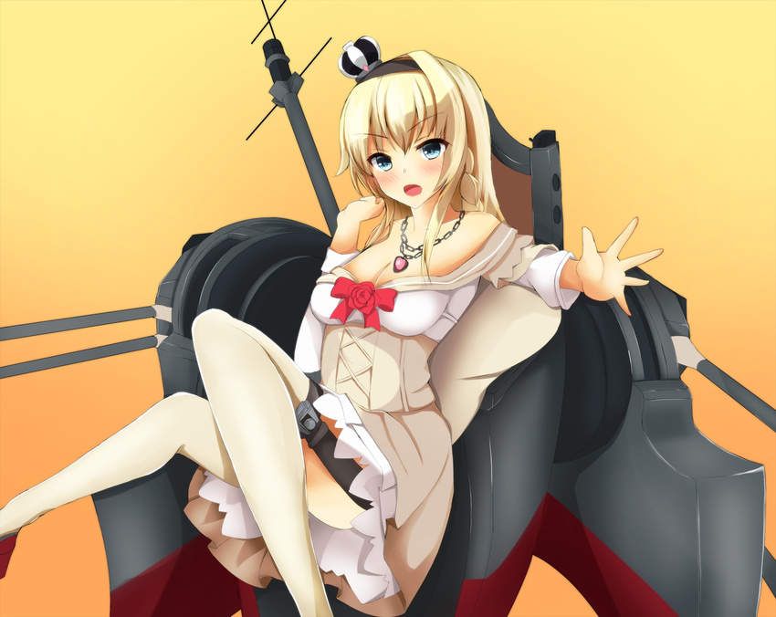bare_shoulders blonde_hair blue_eyes braid crown dress flower french_braid garter_straps hairband highres jewelry kantai_collection long_hair long_sleeves mini_crown necklace off-shoulder_dress off_shoulder red_flower red_ribbon red_rose ribbon rose scepter shamu_(helix) sitting solo thighhighs throne warspite_(kantai_collection) white_dress white_legwear