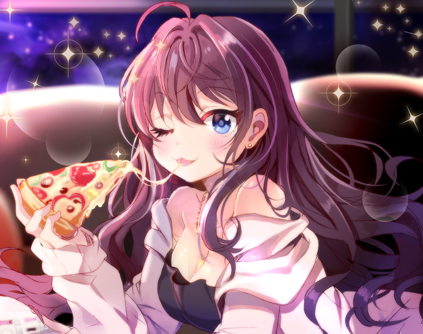 :3 :p blue_eyes blush breasts brown_hair cheese_trail chocho_(homelessfox) cleavage earrings eating food holding_pizza ichinose_shiki idolmaster idolmaster_cinderella_girls jewelry large_breasts long_hair looking_at_viewer one_eye_closed pizza smile solo tongue tongue_out