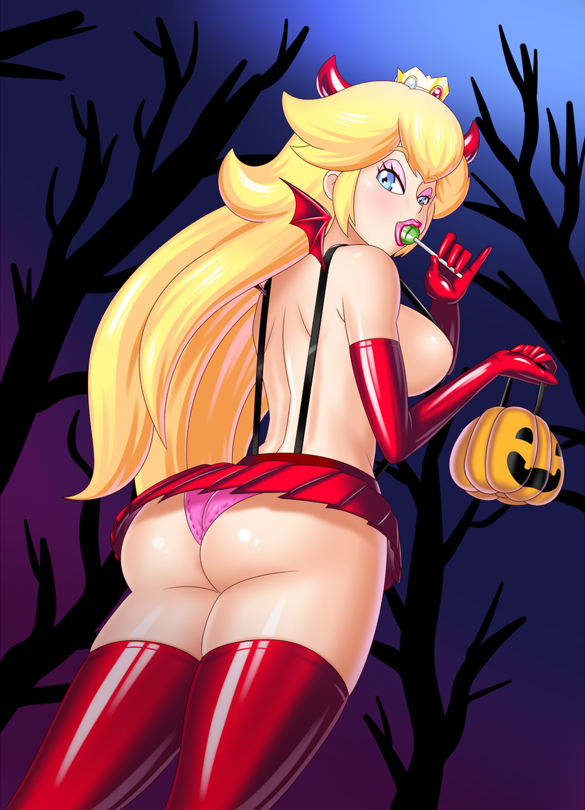 1girl ass bat_wings blonde_hair blue_eyes bluebullpen blush breasts candy elbow_gloves from_behind gloves halloween horns huge_ass large_breasts lollipop long_hair looking_at_viewer mario_(series) microskirt panties pink_panties princess_peach shiny shiny_clothes shiny_hair shiny_skin sideboob skirt solo super_mario_bros. suspenders thighhighs underwear upskirt