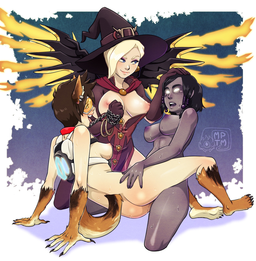 3girls alternate_costume animal_ears areolae ass blonde_hair blue_eyes breasts brown_hair claws earrings fang glowing_eyes goggles halloween halloween_costume hand_on_another's_head mechanical_wings mercy_(overwatch) multiple_girls my_pet_tentacle_monster nipples open_mouth open_shirt overwatch pharah_(overwatch) short_hair side_boob spiked_hair sweat tail teeth tongue_out tracer_(overwatch) werewolf witch witch_hat zombie