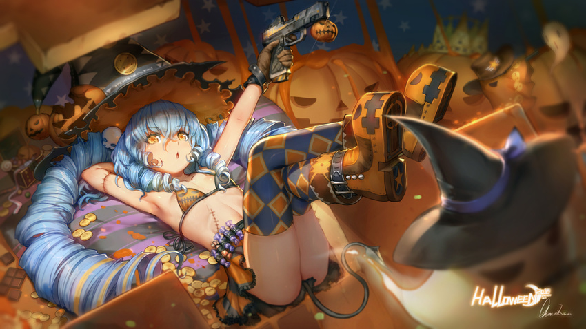 2016 argyle argyle_legwear arm_behind_head arm_up armpits bangs bikini_top blue_hair blush boots breasts brown_gloves buckle buttons candy chestnut_mouth chocolate coin cowboy_hat crossed_ankles demon_tail drill_hair eyebrows eyebrows_visible_through_hair finger_on_trigger food frilled_skirt frills full_body ghost gloves gold gun hair_between_eyes hair_ornament halloween handgun hat holding holding_gun holding_weapon jack-o'-lantern leather leather_gloves legs_up lollipop long_hair looking_at_viewer lying miniskirt observerz on_back orange_eyes original outstretched_arm pillow print_bikini_top ringlets shoe_soles signature skirt skull_hair_ornament small_breasts solo star stitches striped striped_skirt swirl_lollipop tail thighhighs thighs treasure_chest twin_drills upskirt very_long_hair weapon witch_hat wrapped_candy yellow_eyes