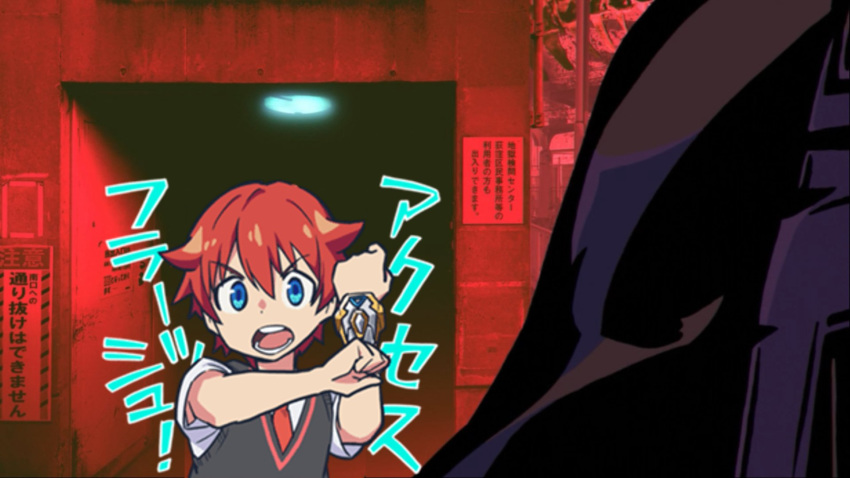 1boy acceptor bangs blue_eyes collared_shirt crossed_arms crossover eyebrows_visible_through_hair hand_up hibiki_yuuta highres inferno_cop looking_at_viewer male_focus necktie parody red_hair red_neckwear school_uniform shirt short_sleeves solo ssss.gridman translation_request trigger_support waistcoat white_shirt wing_collar