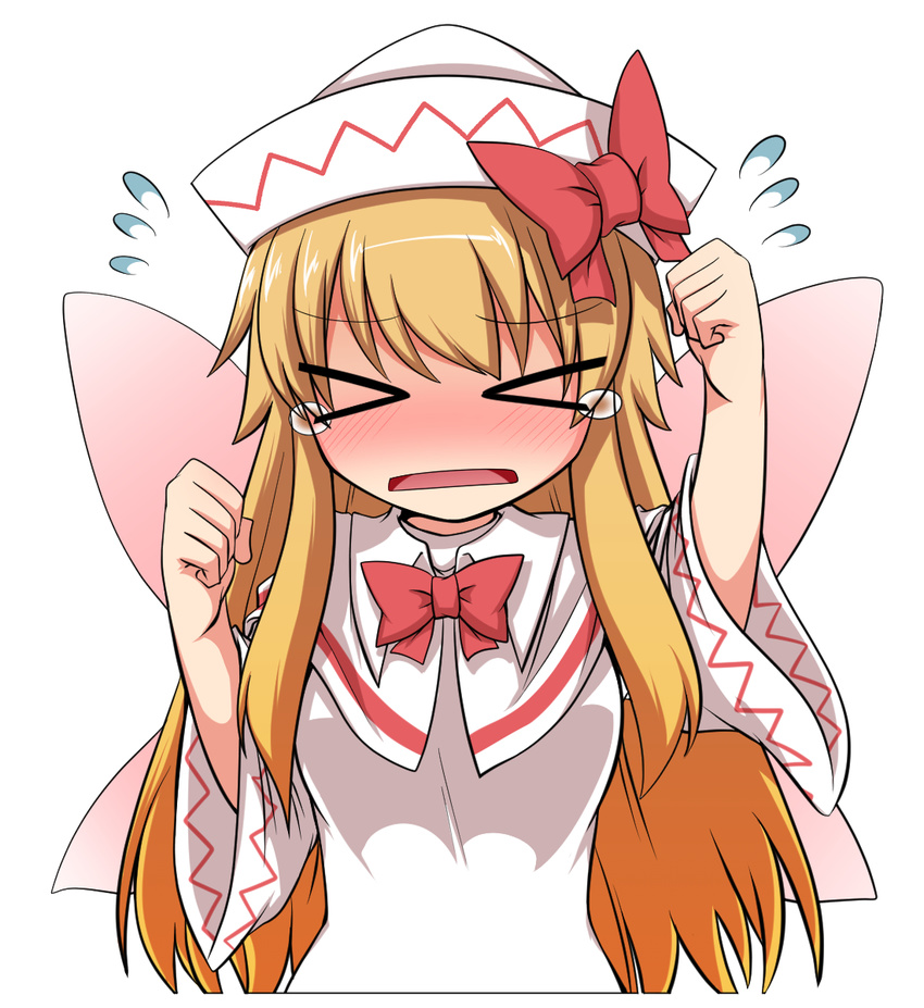 &gt;_&lt; blonde_hair blush bow bowtie breasts clenched_hand closed_eyes d: dress dx facing_viewer fairy_wings flying_sweatdrops hat hat_bow highres katsumi5o lily_white long_hair medium_breasts no_nose open_mouth solo tears touhou white_dress wings