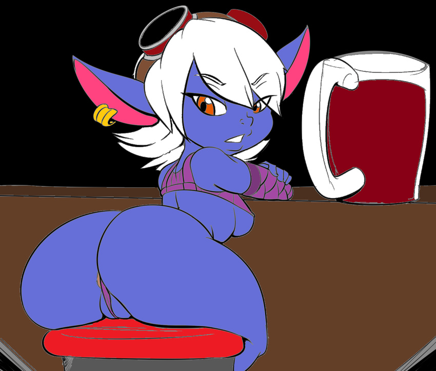 2015 anus beverage big_butt breasts butt chair female food glass humanoid league_of_legends looking_back piercing pussy pussy_floss shortstack solo thecon tristana_(lol) under_boob video_games yordle