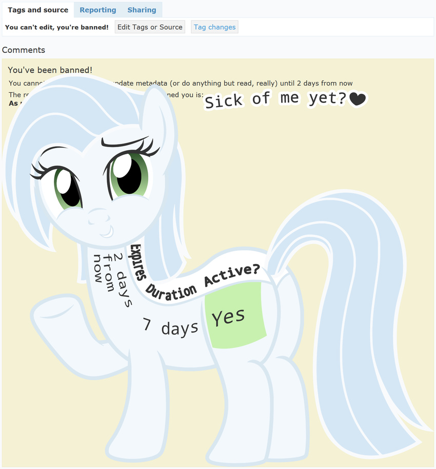 &lt;3 2016 badumsquish derpibooru dialogue equine fan_character female green_eyes horse mammal my_little_pony pony site_ban solo talking_to_viewer