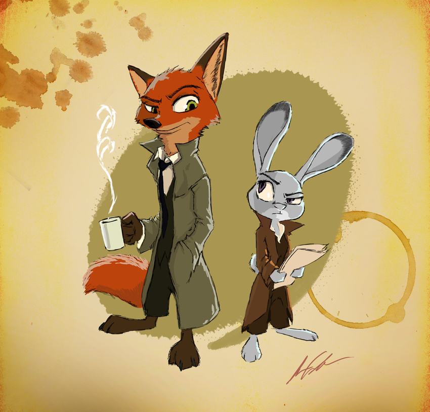 2016 anthro beverage canine clothed clothing coffee cup disney duo female fox judy_hopps lagomorph male mammal nick_wilde rabbit standing thewyvernsweaver zootopia