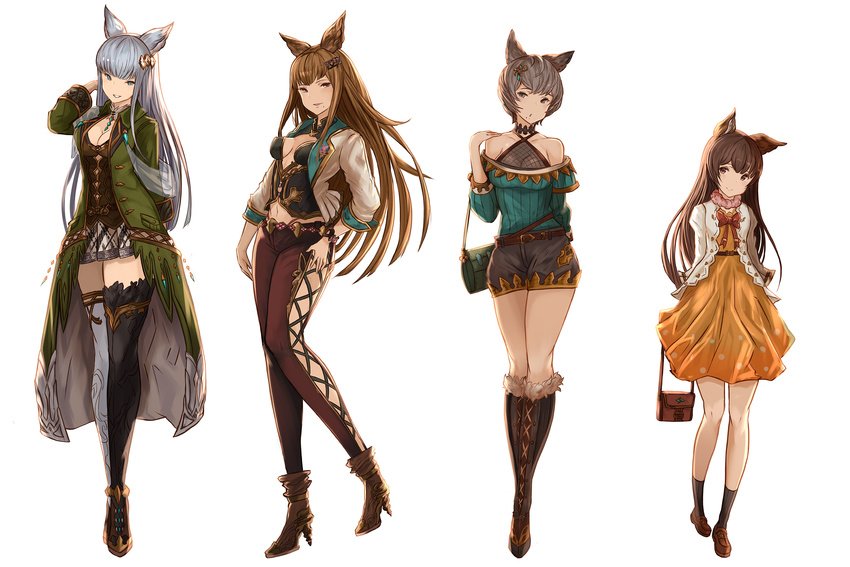 :d :o absurdres alternate_costume animal_ears ankle_boots arm_at_side aster_(granblue_fantasy) bag bangs bare_shoulders belt black_footwear black_legwear black_shorts blue_eyes boots bow bracelet breastplate breasts brown_eyes brown_footwear brown_hair casual choker cleavage closed_mouth coat cross-laced_footwear diamond_(shape) dress erune eyelashes fashion fishnets flat_chest full_body fur-trimmed_boots fur_trim gem granblue_fantasy green_coat grey_hair hair_ornament halterneck hand_behind_head hand_on_own_shoulder hand_on_own_thigh handbag head_tilt heart high_heel_boots high_heels highleg highleg_panties highres jacket jewelry kneehighs korwa legs_together lineup long_hair long_sleeves looking_at_viewer medium_breasts metera_(granblue_fantasy) miniskirt mismatched_footwear mismatched_legwear mole mole_under_mouth multiple_girls navel off_shoulder open_mouth orange_dress panties pants pink_panties pleated_skirt pocket polka_dot polka_dot_dress red_bow see-through shawl shoes short_hair shorts silver_hair simple_background skirt sleeves_past_elbows smile stomach sutera_(granblue_fantasy) thigh_boots thighhighs underwear very_long_hair white_background white_footwear white_jacket x_hair_ornament yatsuka_(846) zettai_ryouiki