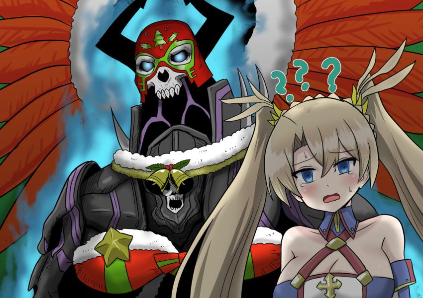 1boy 1girl :o ? armor bell blonde_hair blue_eyes bradamante_(fate/grand_order) braid breasts cleavage commentary_request cosplay fate/grand_order fate_(series) feathers french_braid glowing glowing_eyes headdress king_hassan_(fate/grand_order) large_breasts long_hair looking_at_viewer luchador_mask myaa_(akumatokeiyaku) quetzalcoatl_(samba_santa)_(fate) quetzalcoatl_(samba_santa)_(fate)_(cosplay) skull_mask sweatdrop tears twintails upper_body very_long_hair wavy_mouth