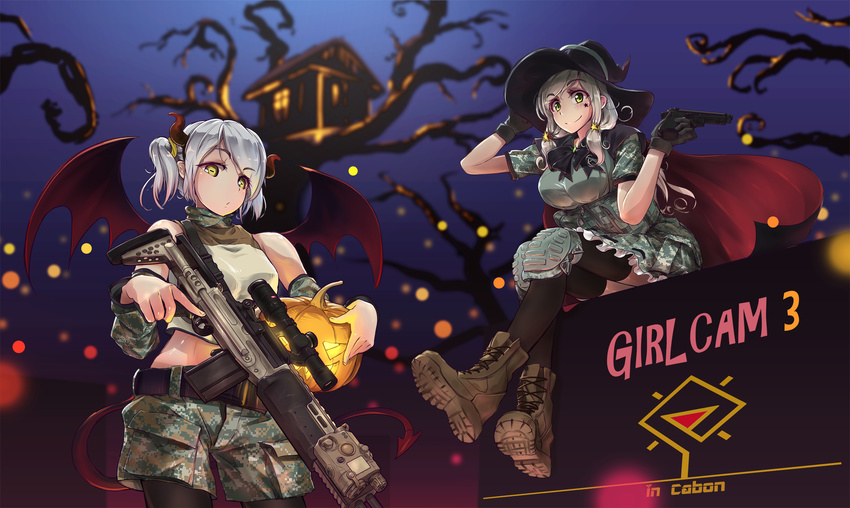 bare_tree bat_wings battle_rifle belt black_legwear blush boots camouflage camouflage_shorts camouflage_skirt cape combat_boots copyright_name demon_girl demon_tail detached_sleeves facial_mark green_eyes gun halloween hand_on_headwear handgun hat highres holding holding_gun holding_weapon horns house jack-o'-lantern light_particles load_bearing_vest long_hair looking_at_viewer looking_down m14 midriff military military_uniform multiple_girls night original pantyhose pantyhose_under_shorts pistol ribbon-trimmed_skirt ribbon_trim rifle scope short_hair short_twintails shorts sidelocks silver_hair sitting skirt sky sling smile sniper_rifle star tail tantu_(tc1995) thighhighs tree trigger_discipline twintails uniform weapon wings witch witch_hat yellow_eyes