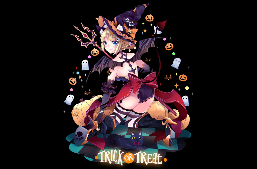 animal animal_ears ass black blonde_hair blue_eyes blush boots breasts cat cat_smile cleavage duji_amo elbow_gloves fang gloves halloween hat original pumpkin tail thighhighs wings