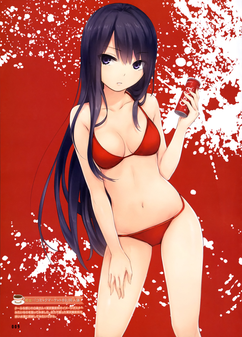 absurdres bare_arms bare_legs bare_shoulders bikini blush breasts can cleavage coca-cola coffee-kizoku collarbone contrapposto cowboy_shot eyebrows eyebrows_visible_through_hair hand_on_thigh head_tilt highres holding light_smile long_hair looking_at_viewer medium_breasts navel original page_number parted_lips purple_eyes purple_hair red red_bikini scan shiramine_rika soda_can solo standing stomach string_bikini swimsuit translation_request tsurime two-tone_background very_long_hair