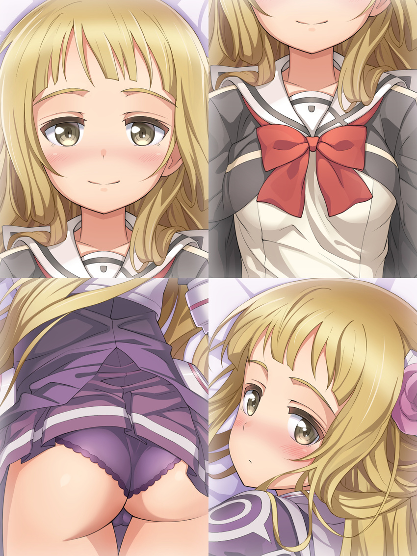 ass blonde_hair blush bow breasts brown_eyes dakimakura highres long_hair michairu multiple_views nogi_sonoko sample sanshuu_middle_school_uniform school_uniform skirt skirt_lift small_breasts smile yuuki_yuuna_wa_yuusha_de_aru yuusha_de_aru