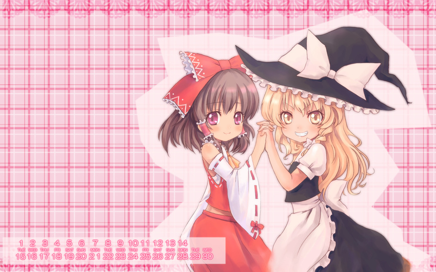 apron ascot blonde_hair blush bow braid brown_hair calendar_(medium) commentary detached_sleeves dress grin hair_bow hair_tubes hakurei_reimu hat highres holding_hands interlocked_fingers kirisame_marisa long_hair looking_at_viewer multiple_girls plaid plaid_background pokomi puffy_short_sleeves puffy_sleeves purple_eyes ribbon-trimmed_sleeves ribbon_trim sarashi sash short_sleeves side_braid single_braid smile touhou vest waist_apron witch_hat