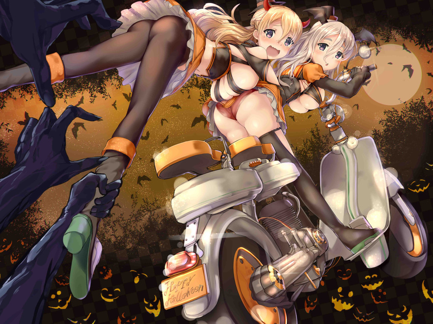 absurdres ass ass-to-breast bare_shoulders bat black_legwear blonde_hair blush breasts brown_eyes chestnut_mouth crying crying_with_eyes_open demon_horns eyebrows full_moon ground_vehicle hair_between_eyes halloween happy_halloween hat highres horns kantai_collection large_breasts long_hair looking_at_viewer looking_back mini_hat miniskirt moon motor_vehicle motorcycle multiple_girls navel open_mouth panties pantyhose pantyshot platinum_blonde_hair pola_(kantai_collection) purple_eyes red_panties satou_daiji skirt tearing_up tears thick_eyebrows thighhighs underboob underwear wavy_hair wavy_mouth zara_(kantai_collection)