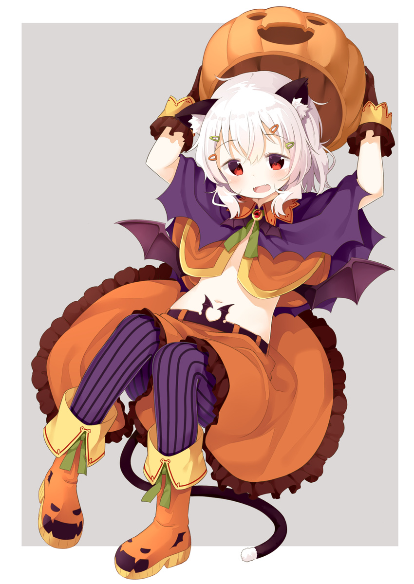 animal_ears bat_wings boots cat_ears cat_tail commentary_request fangs frilled_skirt frills gloves grey_background hair_ornament hairclip halloween halloween_costume highres looking_at_viewer muku_(muku-coffee) navel open_mouth original pantyhose pumpkin red_eyes shiro_(muku) simple_background skirt solo striped striped_legwear tail vertical-striped_legwear vertical_stripes white_hair wings