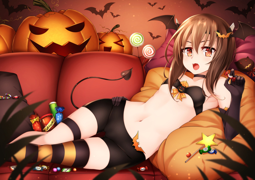 bandeau bangs bat bat_hair_ornament bat_wings bike_shorts black_gloves breasts brown_eyes brown_hair cameltoe candy candy_cane choker couch cushion demon_girl demon_tail elbow_gloves fangs food gloves hair_ornament halloween hand_on_hip head_wings healther jack-o'-lantern jar kantai_collection lollipop looking_at_viewer lying midriff navel on_couch on_side open_mouth orange_eyes pumpkin short_hair single_thighhigh small_breasts solo star strapless striped striped_legwear swirl_lollipop taihou_(kantai_collection) tail thigh_gap thigh_strap thighhighs tubetop wings wrapped_candy