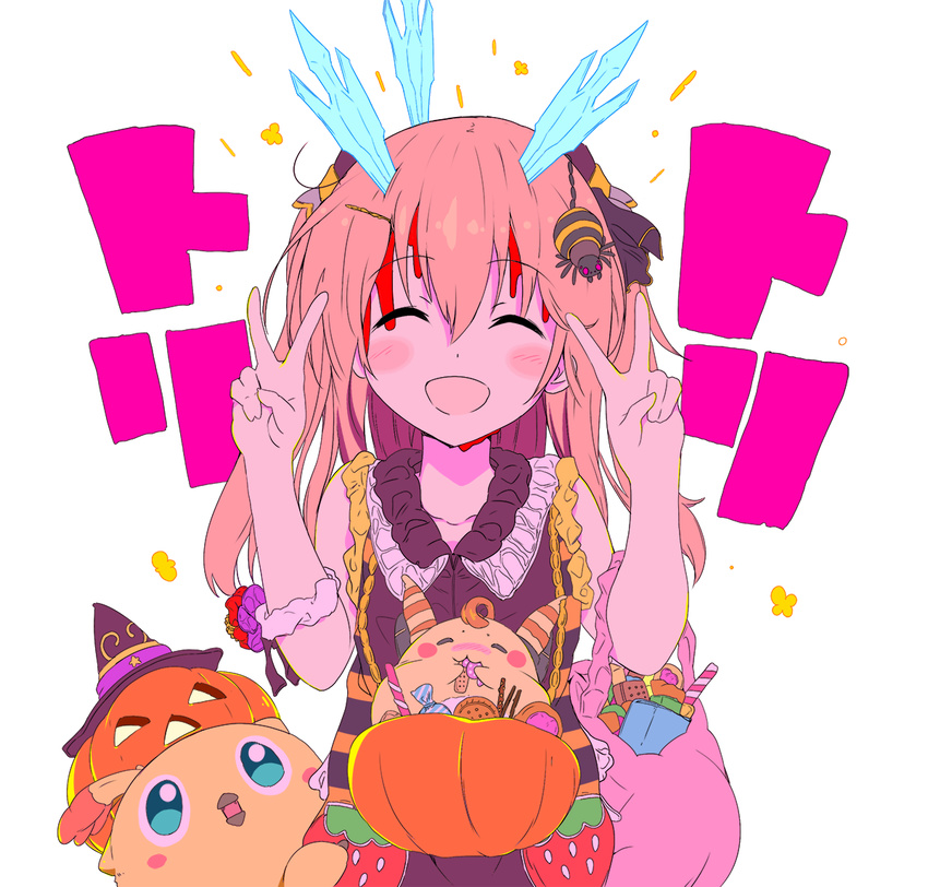 1girl :d ^_^ alpha_transparency bad_id bad_pixiv_id bag blood blood_on_face blue_eyes blush blush_stickers brown_hair candy candy_cane closed_eyes collarbone cookie double_v eating food glass_shards hair_ornament hairclip halloween hat head_tilt jack-o'-lantern long_hair maron_(pet) open_mouth phantasy_star phantasy_star_online_2 qria rappy scrunchie shirt sleeveless sleeveless_shirt smile spider_hair_ornament star star_print summoner_(pso2) v white_background witch_hat wrapped_candy