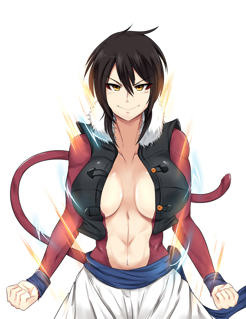 &gt;:) absurdres aura black_hair breasts cleavage clenched_hands collarbone commentary dragon_ball dragon_ball_gt dragon_ball_xenoverse english_commentary highres large_breasts looking_at_viewer mirai_senshi monkey_tail navel pose short_hair simple_background smile solo super_saiyan super_saiyan_4 tail v-shaped_eyebrows vest wangphing white_background yellow_eyes