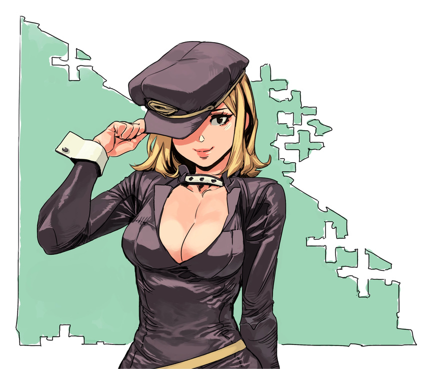 absurdres archvermin blonde_hair bodysuit boku_no_hero_academia breasts cleavage collar covered_eyes hand_on_headwear hat hat_tip highres large_breasts peaked_cap short_hair smile solo utsushimi_kemii