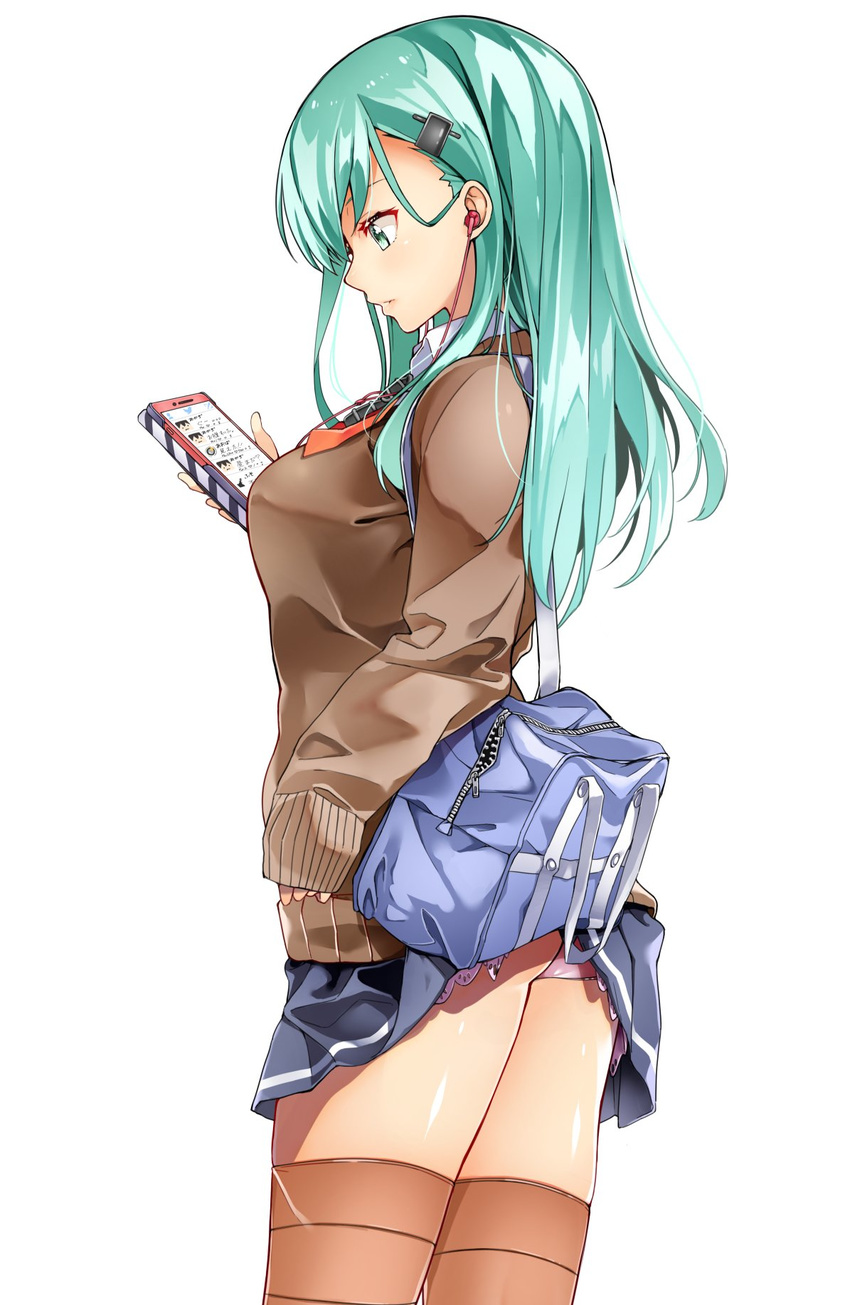 accidental_exposure ascot ass bag blazer blue_skirt breasts brown_jacket brown_legwear byte_(allbyte) cellphone closed_mouth collared_shirt cowboy_shot duffel_bag earphones from_side green_eyes green_hair highres holding holding_phone jacket kantai_collection long_hair long_sleeves looking_at_phone medium_breasts orange_neckwear panties pantyshot pantyshot_(standing) partially_unzipped phone profile school_bag school_uniform shiny shiny_skin shirt simple_background skirt skirt_lift sleeves_past_wrists smartphone solo standing striped striped_legwear suzuya_(kantai_collection) sweater thighs underwear wardrobe_malfunction white_background wing_collar zipper