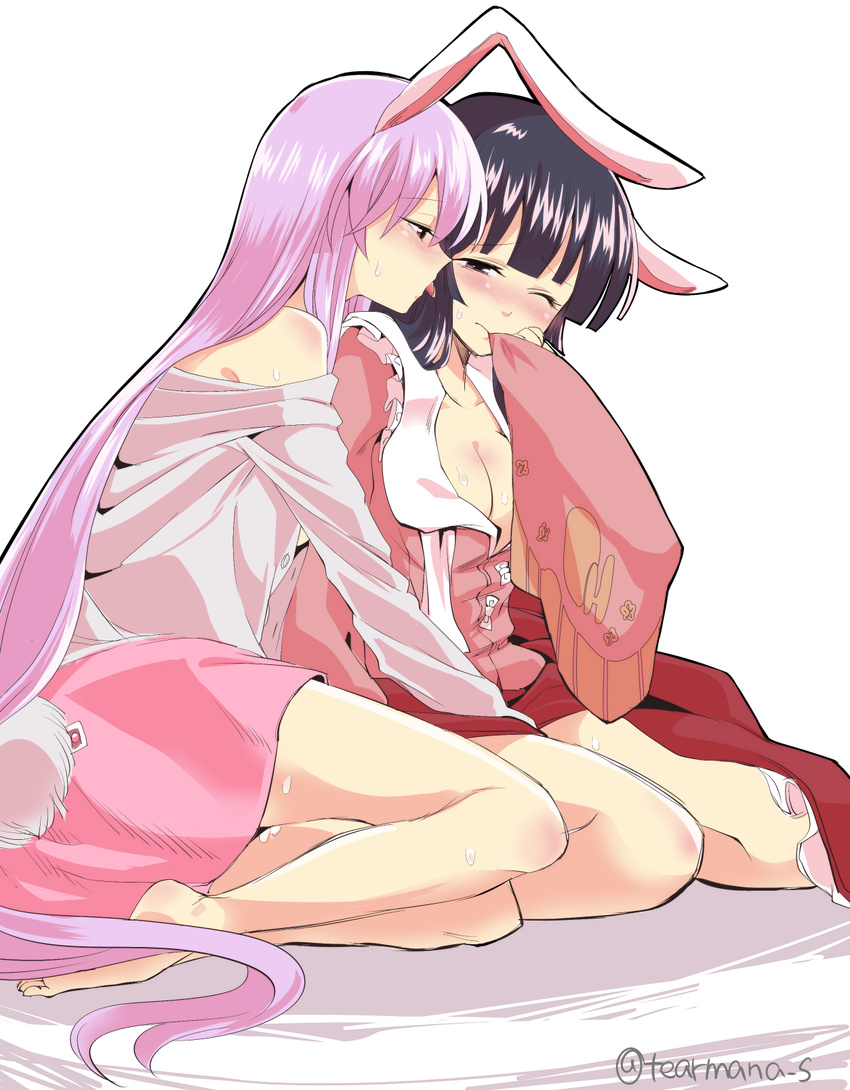 animal_ears bare_shoulders barefoot black_eyes black_hair blouse breasts bunny_ears bunny_tail cheek_licking cleavage clothes_removed commentary_request face_licking floral_print hand_on_another's_leg hand_to_own_mouth highres hime_cut houraisan_kaguya implied_fingering japanese_clothes licking long_hair looking_at_another mana_(tsurubeji) medium_breasts mouth_hold multiple_girls one_eye_closed purple_hair red_eyes reisen_udongein_inaba saliva simple_background sitting sleeves_past_wrists soles sweat tail toes tongue tongue_out touhou twitter_username very_long_hair wavy_mouth white_blouse wide_sleeves yuri