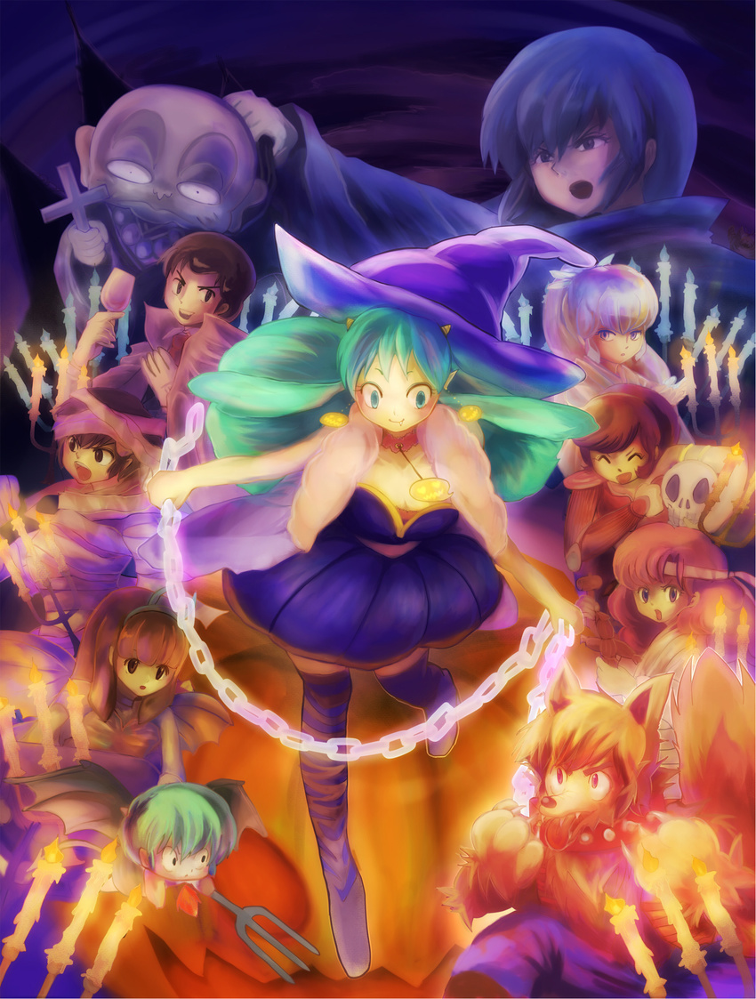 4boys 6+girls artist_request bandage benten black_hair chains fujinami_ryuunosuke green_hair halloween hat highres lum miyake_shinobu moroboshi_ataru multiple_boys multiple_girls oyuki_(urusei_yatsura) pitchfork sakura_(urusei_yatsura) sakuranbou ten_(urusei_yatsura) urusei_yatsura witch_hat