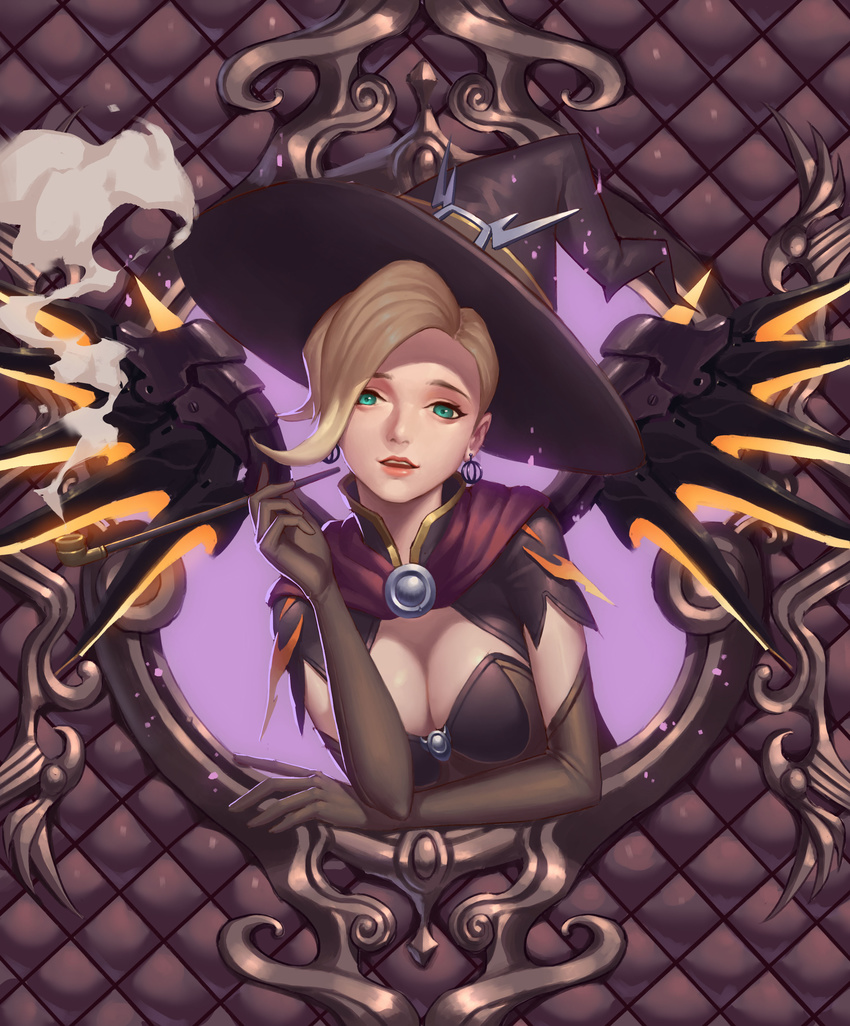 absurdres aqua_eyes belt_pouch black_gloves black_hat breasts cape cleavage earrings elbow_gloves eyelashes gloves halloween halloween_costume hat hat_belt highres holding holding_pipe jewelry kiseru large_breasts lipstick looking_at_viewer makeup mechanical_wings mercy_(overwatch) overwatch parted_lips pipe pouch shade short_sleeves smoke solo strapless upper_body wings witch_hat witch_mercy yus
