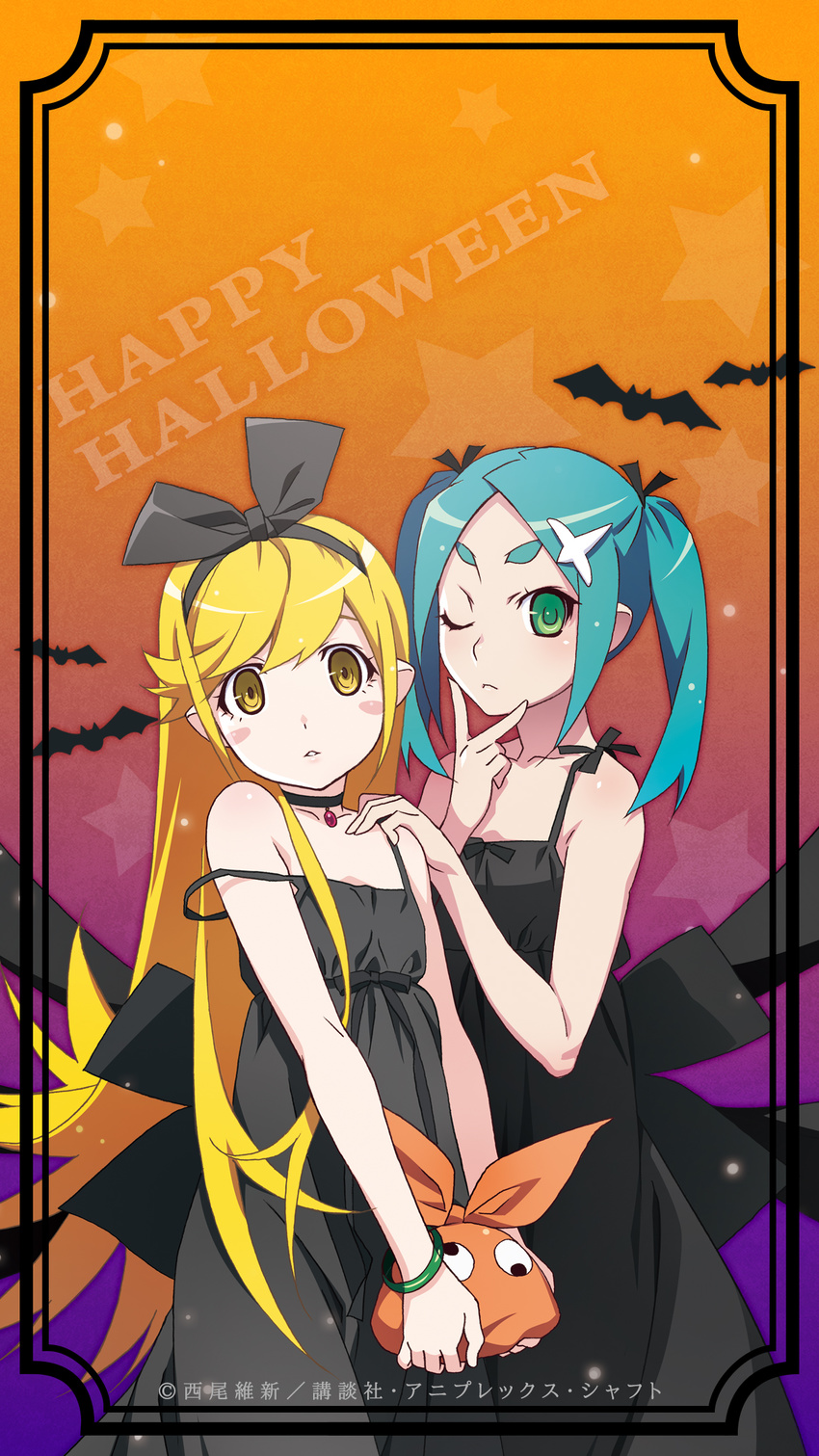 bat bird_hair_ornament black_dress black_ribbon blonde_hair blue_hair collarbone dress flat_chest green_eyes hair_ornament hair_ribbon halloween hand_on_another's_shoulder happy_halloween highres long_hair looking_at_viewer monogatari_(series) multiple_girls official_art one_eye_closed ononoki_yotsugi oshino_shinobu pointy_ears ribbon star twintails v watanabe_akio yellow_eyes