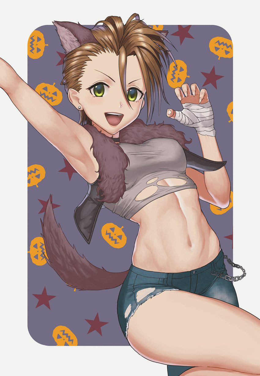 :d absurdres animal_ears arm_up armpits asymmetrical_clothes bandaged_hands bandages border breasts brown_hair buttons chain choker claw_pose crop_top cutoffs earrings fingernails fur_trim green_eyes hair_between_eyes highres idolmaster idolmaster_cinderella_girls jacket jewelry kimura_natsuki leg_up looking_at_viewer medium_breasts midriff open_mouth outside_border pants pocket rounded_corners sharp_fingernails shigatsugata shirt short_hair short_shorts shorts single_pantsleg sleeveless smile solo star stomach stud_earrings tail taut_clothes taut_shirt torn_clothes torn_pants torn_shirt white_border wolf_ears wolf_tail