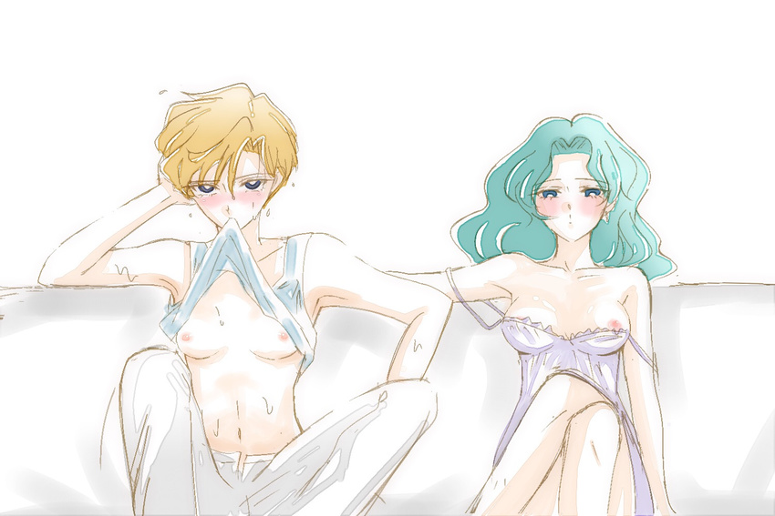 2girls bishoujo_senshi_sailor_moon blonde_hair blue_eyes blush breasts green_hair kaiou_michiru multiple_girls navel nipple_slip nipples sailor_neptune sailor_uranus shirt_lift small_breasts tanktop ten'ou_haruka