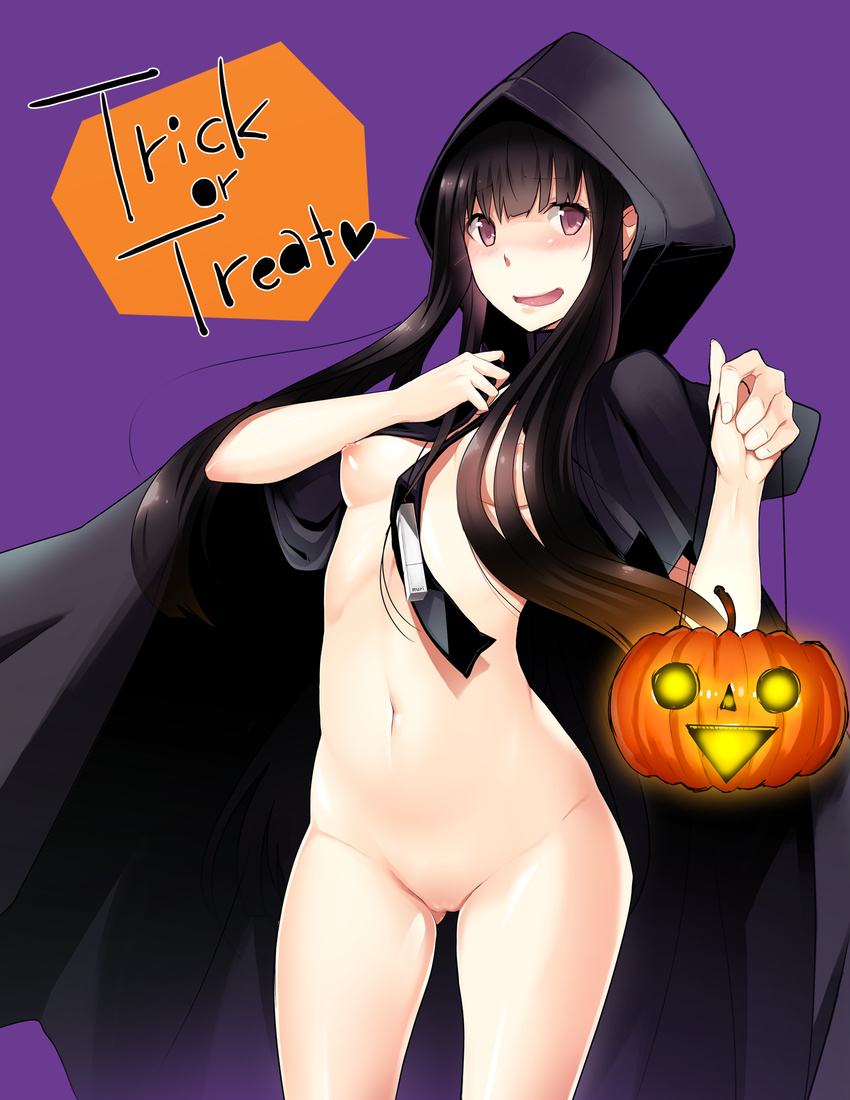 :d ass_visible_through_thighs black_hair blame! blush breasts character_request halloween highres jack-o'-lantern long_hair naked_cloak navel nipples open_mouth purple_background purple_eyes pussy sakuma_tsukasa simple_background small_breasts smile solo sweatdrop uncensored