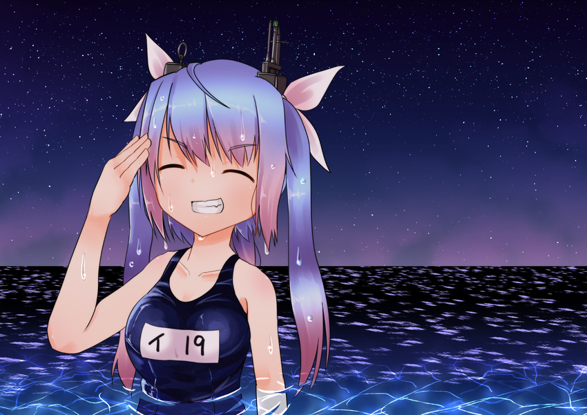 blue_hair breasts closed_eyes commentary_request facing_viewer grin hair_ribbon horizon i-19_(kantai_collection) kantai_collection kunsei_hamu large_breasts long_hair name_tag ocean one-piece_swimsuit ribbon salute school_swimsuit sky smile solo star_(sky) starry_sky swimsuit teeth torpedo tri_tails wet