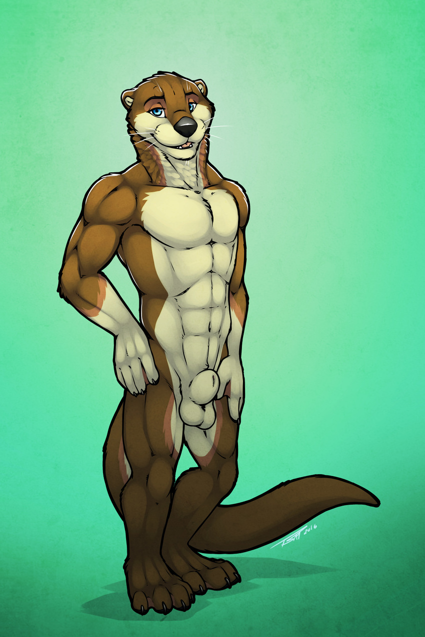 abstract_background animal_genitalia balls brown_fur exile fur male mammal muscular mustelid nude otter pinup pose sheath solo tan_fur tsaiwolf