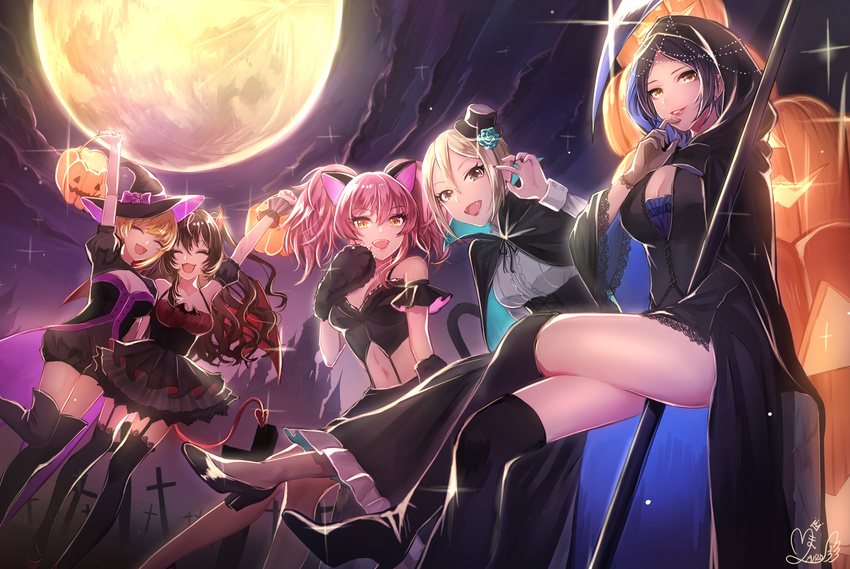 animal_ears cleavage dress halloween hayami_kanade horns ichinose_shiki ilo jougasaki_mika miyamoto_frederica nekomimi shiomi_syuko stockings tail the_idolm@ster the_idolm@ster_cinderella_girls thighhighs wings witch