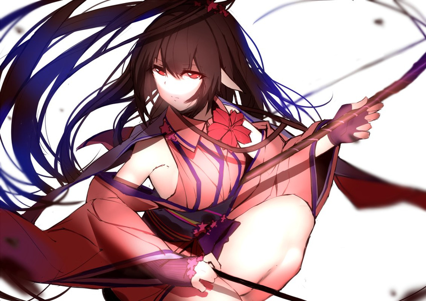 armpits arrow black_hair bow_(weapon) closed_mouth commentary_request detached_sleeves floating_hair high_ponytail japanese_clothes kimono kneeling long_hair long_sleeves looking_away original pointy_ears red_eyes saisarisu serious solo weapon white_background wide_sleeves