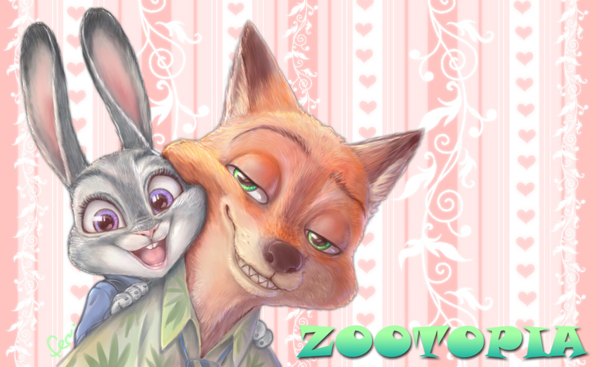 &lt;3 2016 anthro canine clothing disney duo female fenrisu1fr fox green_eyes judy_hopps lagomorph male mammal nick_wilde purple_eyes rabbit sharp_teeth smile teeth text zootopia