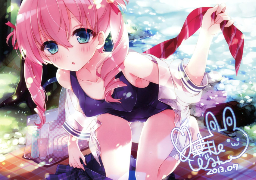 bag blue_eyes blush breasts cameltoe collarbone highres leaning_forward leg_lift long_hair michioka_airi moriyama_shijimi necktie necktie_removed off_shoulder one-piece_swimsuit open_clothes open_mouth open_shirt outdoors pink_hair ribbon school_swimsuit school_uniform shiny shiny_clothes shirt shoes shoes_removed shoujo_shin'iki_shoujo_tengoku skirt skirt_pull skirt_removed socks solo swimsuit swimsuit_under_clothes twintails undressing