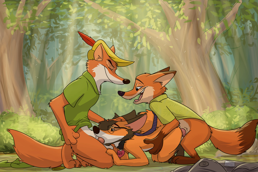 canine clothed clothing disney fox fur group group_sex looking_pleasured male male/male mammal nick_wilde orange_fur paintfox partially_clothed penis robin_hood sex zootopia
