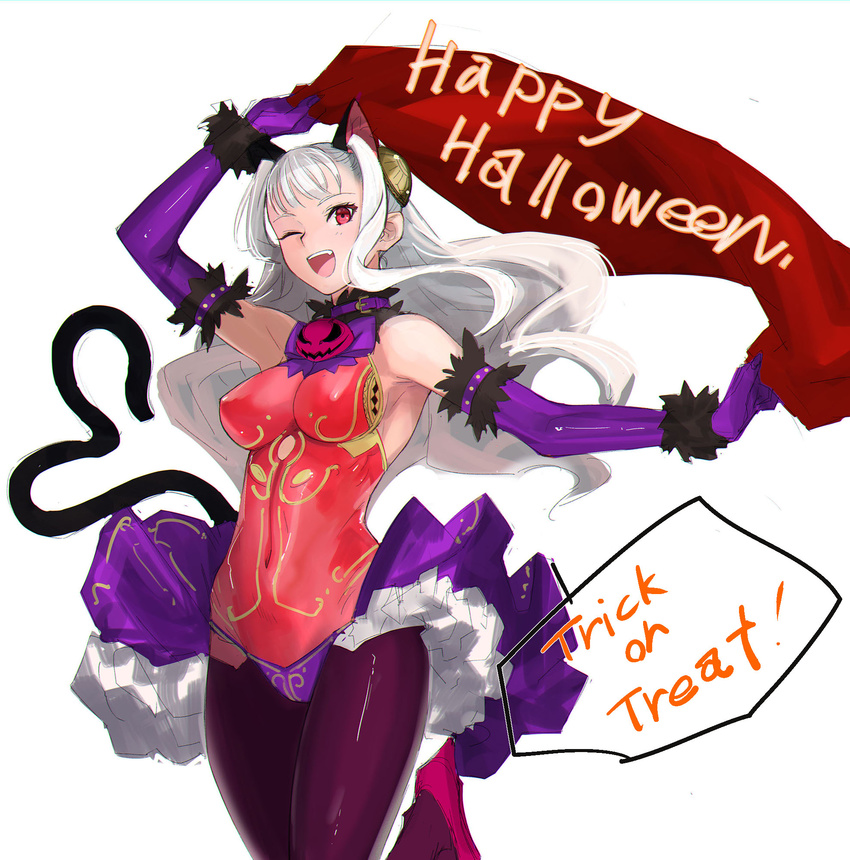 animal_ears armpits bangs bare_shoulders black_legwear blush breasts capcom_fighting_jam cat_ears cat_tail collar commentary_request covered_navel gloves hairpods halloween happy_halloween highres ingrid large_breasts leotard long_hair looking_at_viewer one_eye_closed open_mouth pantyhose purple_gloves red_eyes red_leotard simple_background sketch skin_tight sleeveless smile solo tail tetsu_(kimuchi) trick_or_treat white_background white_hair