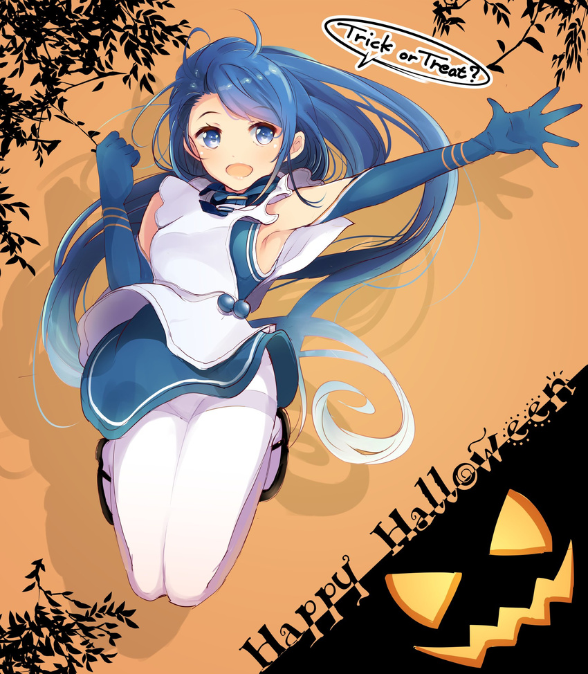 apron armpits bare_shoulders blue_eyes blue_gloves blue_hair commentary_request elbow_gloves eyebrows gloves halloween halloween_costume happy_halloween highres kantai_collection long_hair looking_at_viewer open_mouth pantyhose pumpkin samidare_(kantai_collection) solo tebi_(tbd11) thighband_pantyhose trick_or_treat white_apron white_legwear