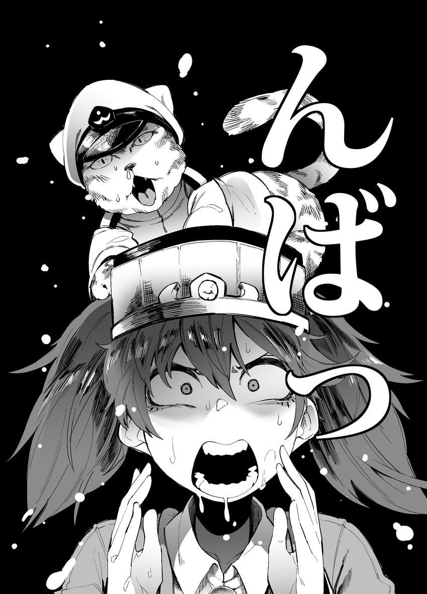 absurdres animal animal_on_head cat greyscale hat highres kantai_collection military_hat monochrome non-human_admiral_(kantai_collection) on_head open_mouth ryuujou_(kantai_collection) snot surprised sweat teeth translation_request twintails upper_body visor_cap yonyon_(yotayota_honpo)