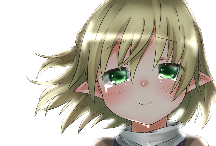 backlighting blonde_hair blush closed_mouth commentary confession crying crying_with_eyes_open dripping good_end green_eyes half_updo happy happy_tears highres kz_oji looking_at_viewer mizuhashi_parsee pointy_ears portrait short_hair smile solo tears touhou turtleneck