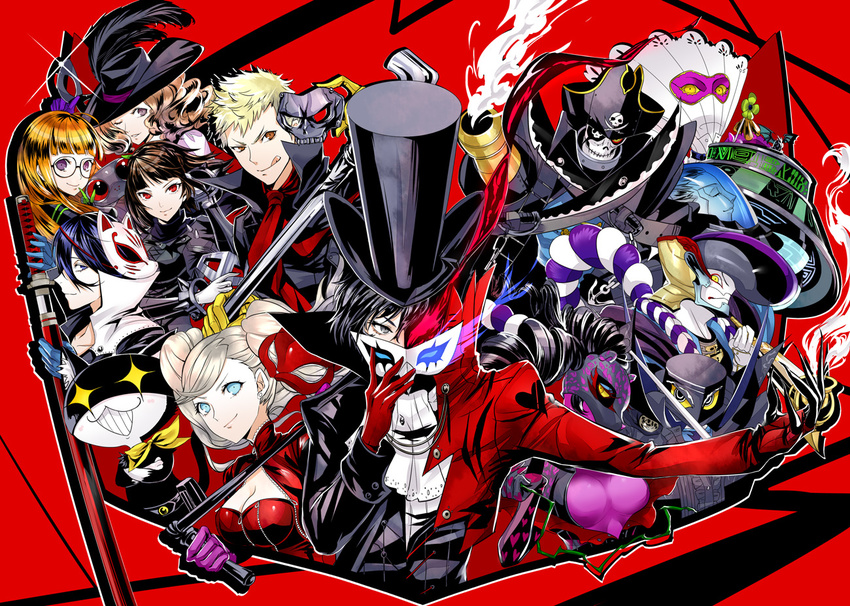 arsene_(persona_5) breasts captain_kidd_(persona) carmen_(persona_5) cleavage cravat everyone glasses goemon_(persona_5) goggles hat joanna_(persona_5) kitagawa_yuusuke looking_at_viewer mask mask_removed medium_breasts milady_(persona) mitsunari_miyako morgana_(persona_5) necronomicon_(persona_5) niijima_makoto okumura_haru persona persona_5 red_background sakamoto_ryuuji sakura_futaba sheath smile sparkling_eyes sword takamaki_anne top_hat ufo unsheathing weapon whip zorro_(persona_5)