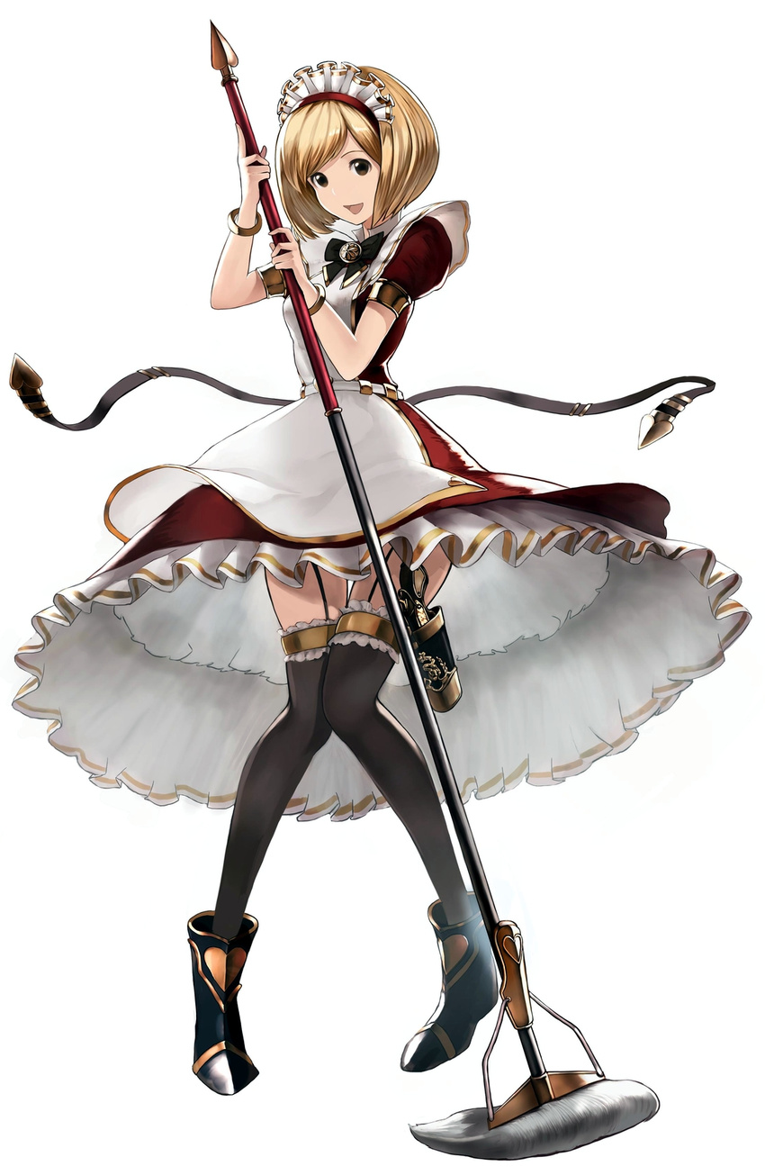 apron black_legwear blonde_hair boots bracelet brown_eyes djeeta_(granblue_fantasy) dress full_body granblue_fantasy gun highres jewelry maid maid_apron maid_headdress mop open_mouth ribbon shogo_(shogo) short_hair simple_background smile solo standing weapon white_background