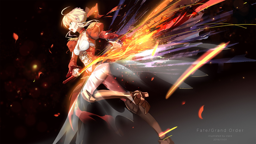 aestus_estus ahoge blonde_hair breasts chinese_commentary choker clare_(543) cleavage commentary_request copyright_name dress epaulettes fate/extra fate_(series) flaming_sword from_side green_eyes hair_ribbon high_heels highres holding holding_sword holding_weapon juliet_sleeves long_sleeves nero_claudius_(fate) nero_claudius_(fate)_(all) puffy_sleeves red_dress red_ribbon ribbon see-through short_hair small_breasts solo sword weapon