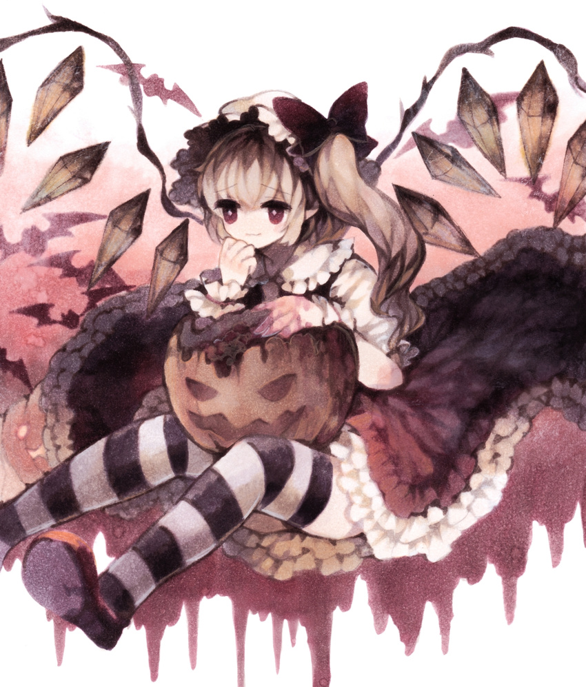 bad_id bad_pixiv_id bat blonde_hair bow colored_pencil_(medium) commentary dripping flandre_scarlet frilled_skirt frills hair_bow halloween hat head_rest highres jack-o'-lantern marker_(medium) mob_cap muted_color red_eyes side_ponytail sitting skirt smile solo striped striped_legwear thighhighs touhou traditional_media wings wiriam07 zettai_ryouiki