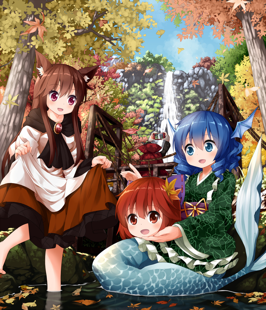 :d animal_ears autumn_leaves barefoot blue_eyes blue_hair blush bridge brooch cape cellphone commentary_request day disembodied_head dress drill_hair floating forest grass_root_youkai_network hair_ornament head_fins highres imaizumi_kagerou japanese_clothes jewelry kimono leaf_hair_ornament lifted_by_self long_sleeves looking_at_another mermaid monster_girl multiple_girls nature obi open_mouth outdoors partially_submerged phone red_eyes red_hair river ruu_(tksymkw) sash sekibanki sidelocks skirt_hold smartphone smile touhou wading wakasagihime water waterfall wide_sleeves wolf_ears