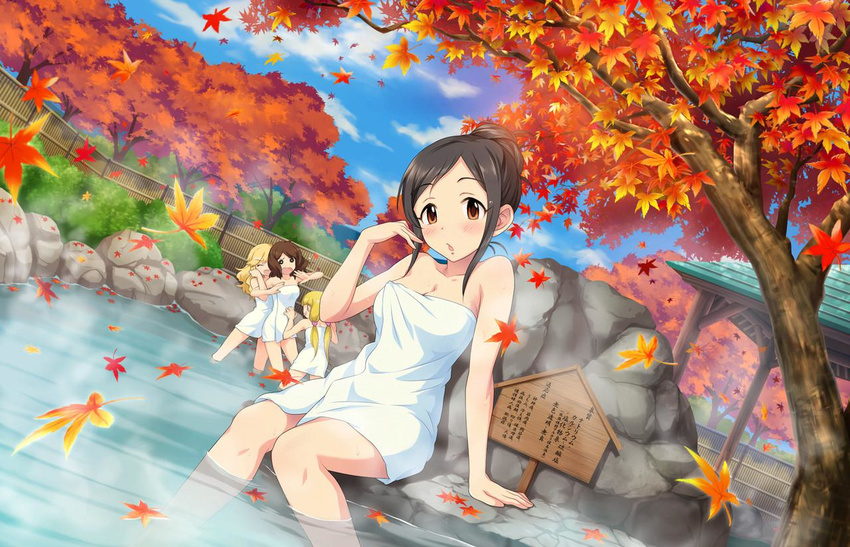 arm_up artist_request black_hair blonde_hair blush border breasts brown_hair cleavage closed_eyes cloud day fence hair_up idolmaster idolmaster_cinderella_girls idolmaster_cinderella_girls_starlight_stage large_breasts leaf locked_arms long_hair mary_cochran momoi_azuki multiple_girls nagatomi_hasumi naked_towel official_art onsen ootsuki_yui open_mouth outdoors partially_submerged reaching rock sign sitting sky smile standing steam towel tree twintails white_towel you_gonna_get_raped